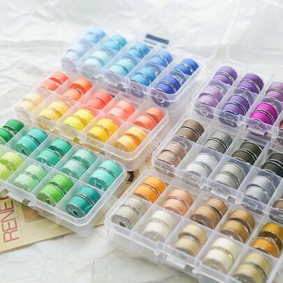 Shuttle Bobbin Case With Transparent Thread, 10-Grid Shuttle Bobbins, And Fixed-Color Sewing Thread Box With Bobbin Case Set.