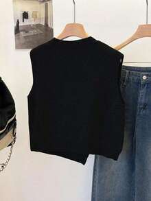1 pieza Chaleco sin mangas de punto de unicolor con cuello redondo corto, diseño asimétrico con botones, accesorio de moda, chaleco versátil de punto para el verano - Negro - Ver 2