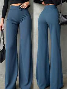 Pantalones rectos negros sólidos, casuales y elegantes para mujer.La línea de cintura asimétrica en forma de V acentúa las curvas, adecuados para uso diario, oficina, citas y vacaciones de primavera - Azul grisáceo - Ver 5