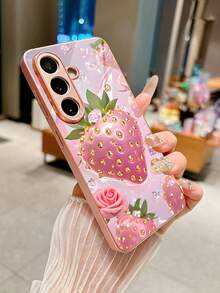 浪漫玫瑰草莓水钻图案粉色玻璃手机壳，适用于三星 Galaxy S26 Ultra/S26 Edge/S25 Ultra/S24 Ultra/S22 Ultra/S23 Ultra/S21 Ultra/S20 Ultra/S10/S9/S8 Plus/Note20 Ultra，适合周年纪念、节日、送给朋友、家人、爱人的礼物，防刮花，高清玻璃材质，时尚优雅的保护壳 - 粉色 - 查看 5