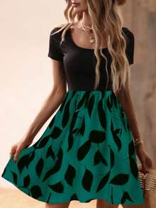 New European And American Fashion Women's Dress With Patchwork Round-Neck Design, Short Style | Elegant And Comfortable For Everyday Wear - Dark Green - View 12