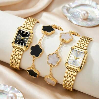 Bộ 4 món gồm hai đồng hồ thép vỏ vuông - có mặt số đen hoặc trắng - đi kèm với vòng tay hoa văn cùng bộ sưu tập. Đồng hồ có vạch chỉ giờ La Mã và mặt số được chải xước, kết hợp với viền được cắt gọt tinh xảo và dây đeo kim loại, toát lên vẻ đẹp cổ điển, "sang trọng nhẹ nhàng". Vòng tay đi kèm được chế tác theo họa tiết hoa cổ điển, mang đến vẻ ngoài vừa dịu dàng vừa tinh tế.