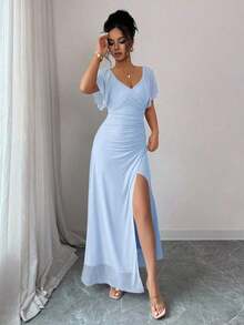 sfvsElenzga Vestido morado claro con cuello en V, mangas con volantes, cintura plisada y abertura, vestido elegante de dama de honor, vestido de fiesta, primavera/veranovfdw 42OE - Azul - Ver 5