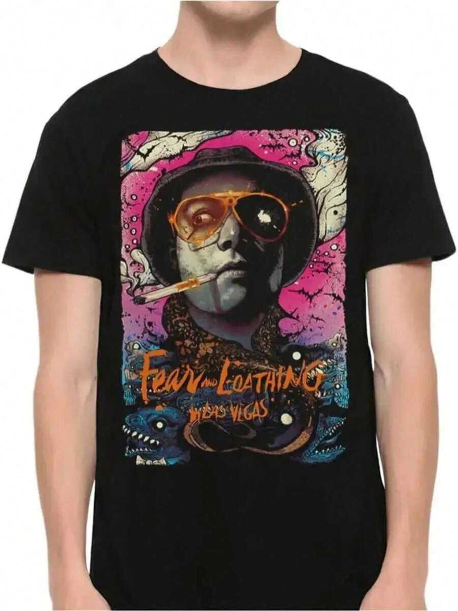 Camiseta con estampado gráfico que muestra el temor en Las Vegas - Diseño psicodélico impactante, camiseta negra casual de manga corta, corte regular, top de verano para hombres y mujeres, camisa de estilo retro. |     Ropa cómoda para el día a día, regalo ideal, camiseta coleccionable - Negro - Ver 1