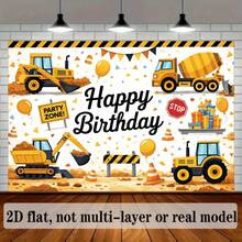 2D Flat Construction Vehicle Themed Birthday Party Banner Backdrop - Happy Birthday Theme Featuring Bulldozers, Mixer Trucks, Excavators, And Other Construction Vehicle Elements, Complemented By Yellow Balloons, Traffic Cones, Road Barriers, Backdrop, Party Decoration Backdrop, Tapestries, Tapestry,, Home Decor. - Nhiều màu - Xem 9