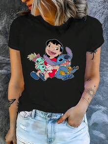 1pc Women's Short Sleeve T-Shirt, Disney Stitch And Lilo Graphic Print, Round Neck, Stretchy, Easy Care Material, Suitable For Daily Wear, Fashionable Women's Short Sleeve T-Shirt, Casual Wear - Black - View 3