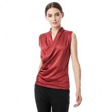 Nueva Blusa Sin Mangas de Satén Suave para Mujer, Top con Cuello en V, Corte Ajustado, Camisas para Usar por Fuera - Negro - Ver 3