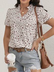Blusa de manga abombada con cuello de muesca y volantes florales Ditsy para mujer - Beis - Ver 2