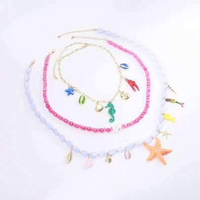 Mydear 3pcs Bohemian Beach Vacation Style Multi-Layer Colorful Beaded Tassel Starfish Shell Marine Life Pendant Necklace Set, Suitable For Women To Wear In Summer By The Sea