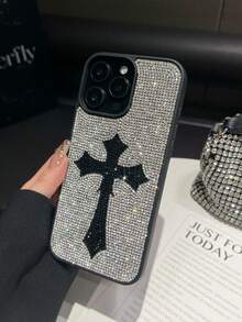 1pc White & Black Cross Rhinestone Phone Case, Luxury Shockproof 2-In-1 Protective Cover For IPhone 16 Pro Max/13/14 - White Black - View 4