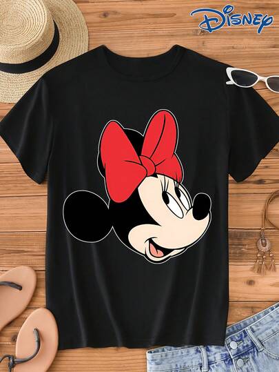 Disney 1 قطعة تي شيرت أكمام قصيرة مطبوع عليه رسم ميني ماوس مرخص، بياقة دائرية، من خامة مرنة وسهلة العناية، مناسب للارتداء اليومي، تي شيرت أنيق للنساء بأكمام قصيرة، ملابس كاجوال