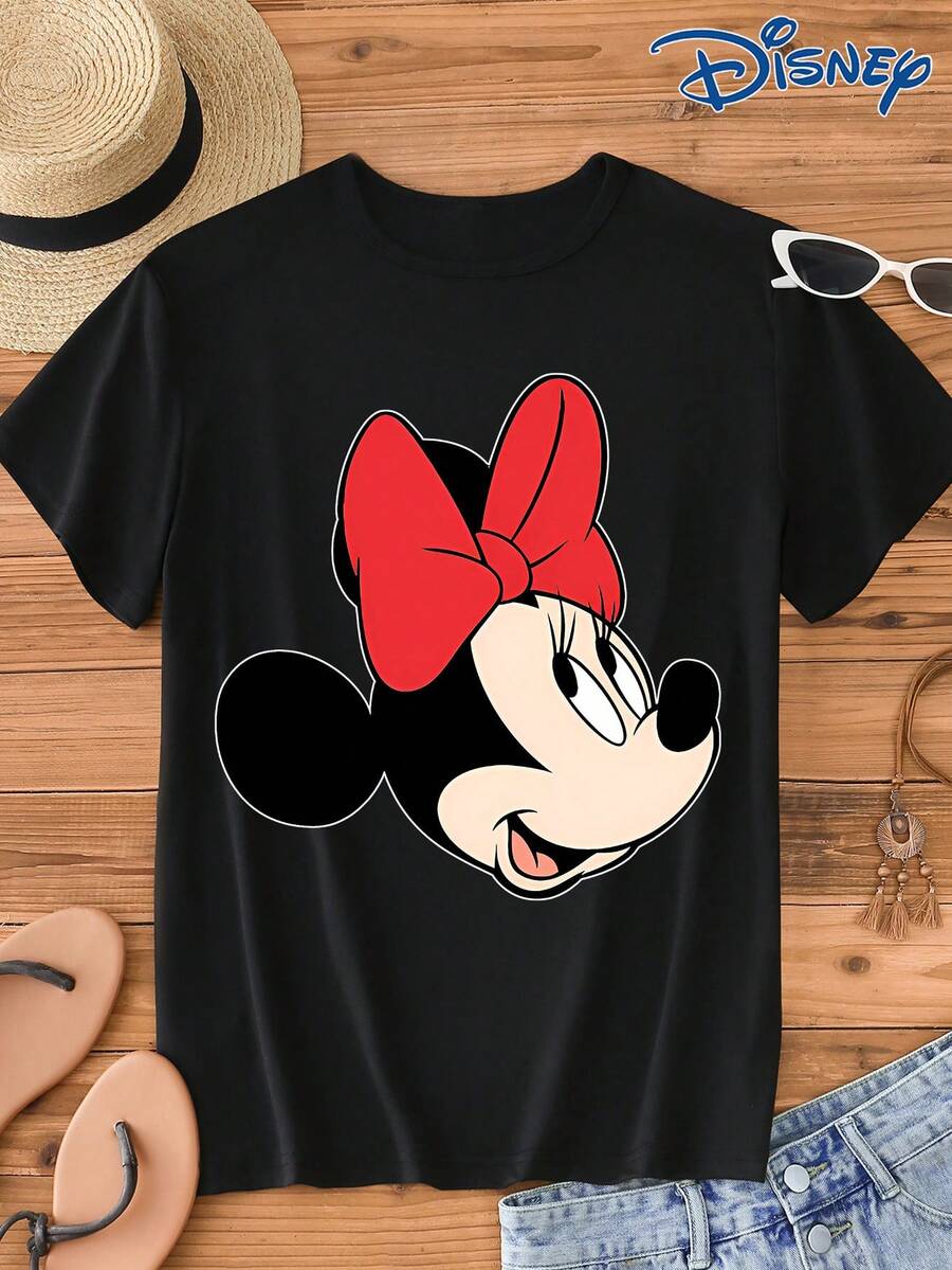 Disney 1 pieza Camiseta de manga corta con estampado gráfico de Minnie Mouse autorizada por IP, cuello redondo, material elástico y de fácil cuidado, adecuada para uso diario, camiseta de manga corta de mujer de moda, ropa casual - Negro - Ver 1