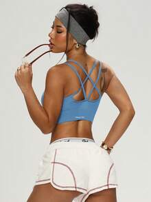 PinkTip Cross-Back Shaping Sports Bra, Built-In Bra, Supportive, Seamless, Suitable For Yoga And Casual Sports - Baby Blue - View 3