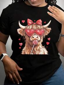 Plus Size Women's Valentine's Day T-Shirt With Highland Cow - Adorable Heart-Shaped Glasses And Bow With Lollipop, Full Body Heart Design Casual Crewneck Top Ideal For Women - Perfect Romantic Gift For Gatherings, Dates - 黑色 - 查看 1