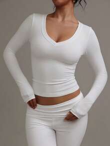 XLLAIS 女款性感V領彈性灰色柔軟休閒長袖棉質T恤 - 白色 - 查看 8