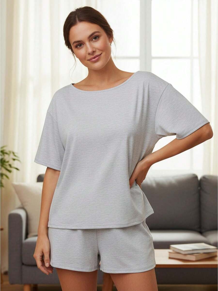 Women Summer Pajama Set Solid Color Off Shoulder Short Sleeve Tops and Mini Shorts 2 Piece Lounge Outfit - Gris - Ver 1