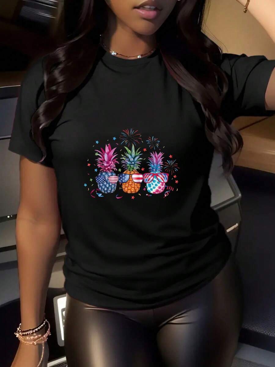 Womens Pure - Black T-Shirt: Patriotic Pineapple Vibes: Womens Black T-Shirt With Star-Spangled Style - Eagle Emblem, Liberty Star, Stars Stripes, Freedom Wings, American Spirit - 黑色 - 查看 1