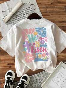 Casual Women's Easter Top With Double-Sided Print, Hand-Drawn Style With Flowers And A Cross, With The Inscription "HE IS RISEN" On The Round Neckline, Pure Short-Sleeved T-Shirt. - 白色 - 查看 3