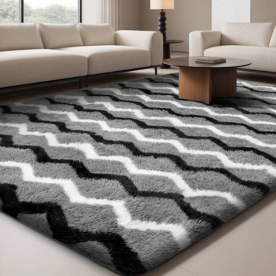 Sour Lemon Fluffy Area Rug Thick & Shaggy Carpet For Living Room & Bedroom Floor, Home Decor Anti-Slip Soft Carpet Floor Mat - Black, White & Gray Waves - View 1