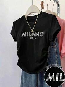 1 pieza de ropa casual de moda para hombres y mujeres. Camiseta ajustada para mujer con estampado de letras en inglés, elegante y con estilo, de estilo europeo y americano. Versátil, fácil de combinar, adecuada para uso diario, estilo urbano, conjuntos de vacaciones y conjuntos de fin de semana. - Negro 3 - Ver 1