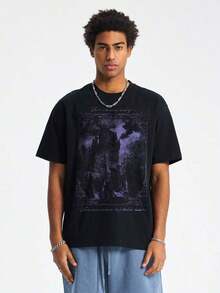 Tiny Spark Camiseta de manga corta con cuello redondo y estampado de eslogan casual para hombres, versátil para el verano - Negro - Ver 3