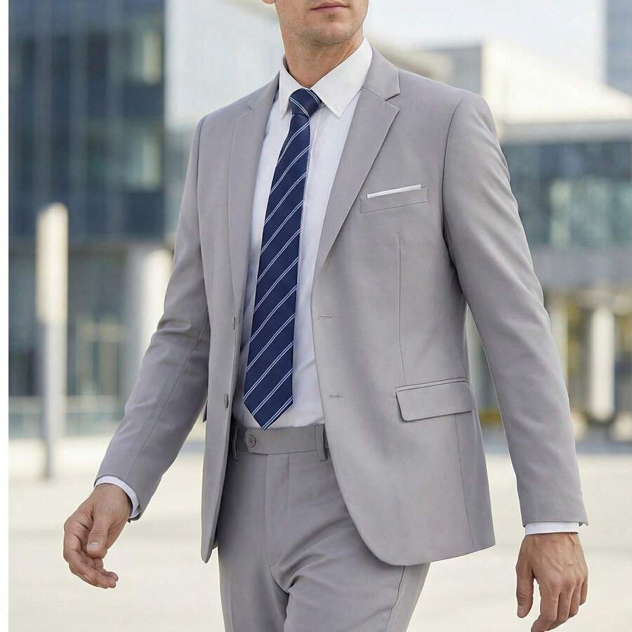 Men's Suit Jacket, Light Gray Single-Breasted Formal Wear, Elegant Slim Fit Single-Breasted Party Suit Jacket, Suitable For Formal Business Occasions, Weddings, Size XS-3XL, Men's Holiday Outfit, Valentine's Day Gift For Men - Light Grey - View 1