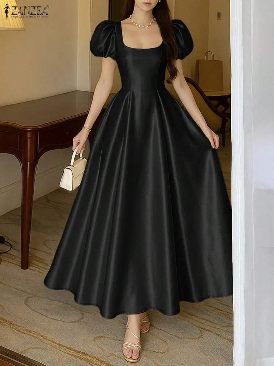 ZANZEA-Vestidos largos elegantes de satén blanco para mujer, vestido de noche para invitadas de boda, vestido de fiesta de cóctel, cuello cuadrado, sin mangas - Negro (Estilo 2) - Ver 1