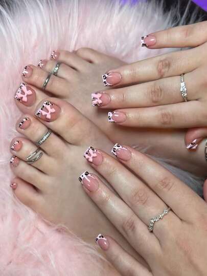 48Pcs Pink Leopard Print French 3D Bow Short Square Finger & Toe Press On Nails Set, Acrylic Nail Kit With 1pc Jelly Glue And 1pc Nail File, Y2K Spicy Girl Style, Press-On Acrylic Nail Stickers, Finger & Toe Fake Nails Set, Reusable Manicure Supplies, For Salon, Daily, Dating, Vacation, Party Wear, Body Accessories For Women, Gift For Girls, Travel & Summer Pedicure Essentials