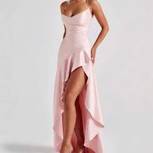 Satin Maxi Dress, Sexy Spaghetti Strap Open Back Ruffle Irregular Hem, Evening Party Prom Gown - Đỏ - Xem 4