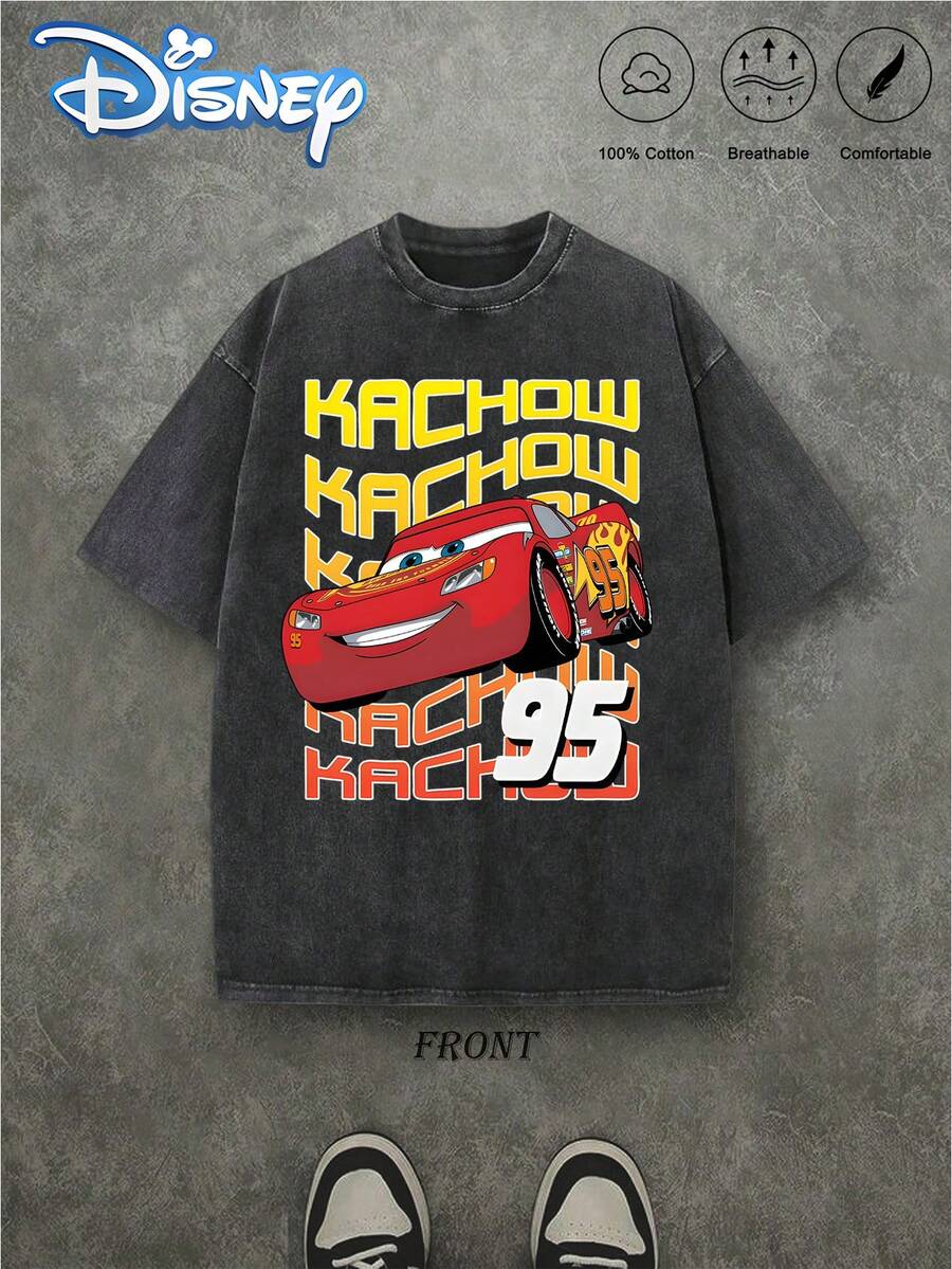 Disney-Licensed, 'Cars' Lightning McQueen 'Speed Manifesto' Print, Heavyweight 100% Cotton Men's T-Shirt With A Washed, Vintage Look; Loose-Fit Men's Short-Sleeve Crewneck Top; Soft, Comfortable, Casual, And Versatile - 黑色 - 查看 1