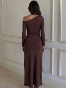 Yepolly-Pop Women's Elegant Brown Long Sleeve Dress, One Shoulder Ruched Gold Button Fitted Dress, Suitable For Wedding Guest, Cocktail Party, Back To School - Brown - View 3