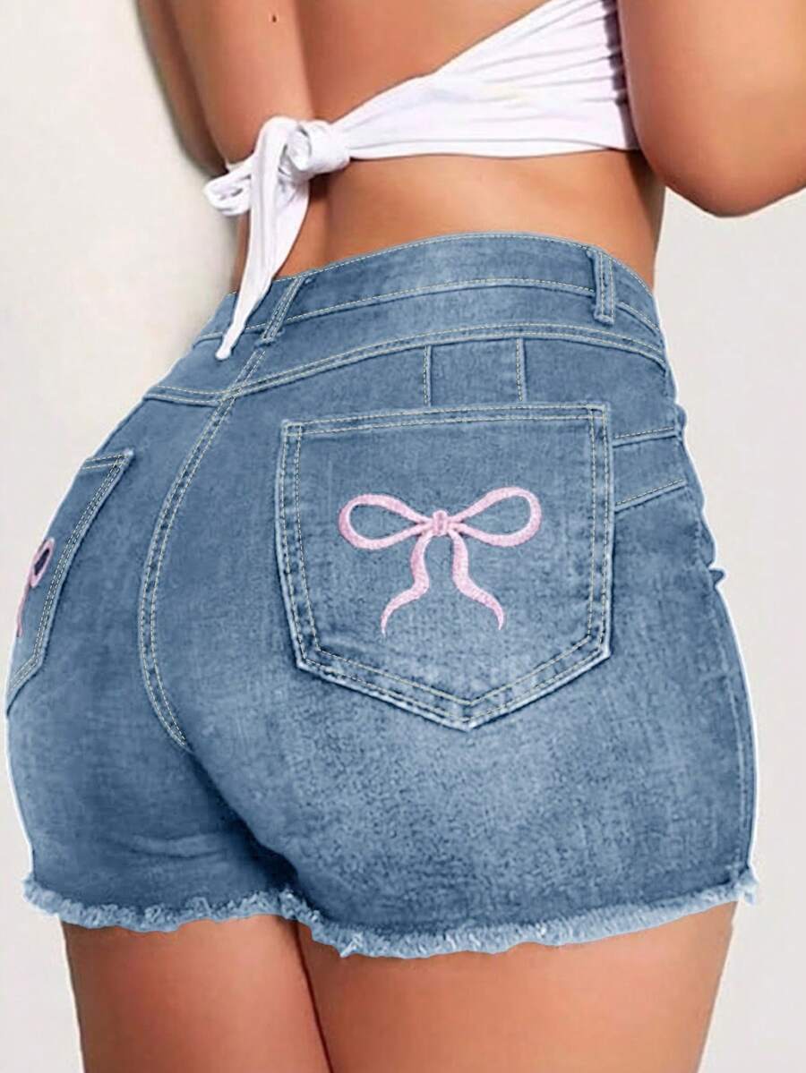Quần short denim size lớn với gấu tua rua, độ co giãn vừa, ống đứng, khóa kéo - Rửa nhẹ - Xem 1