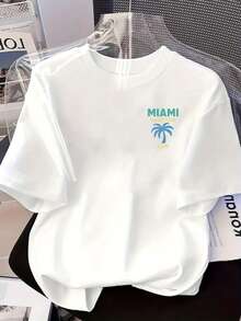 Camiseta de cuello redondo de manga corta casual de las mujeres - Miami Vacation Sun y Palm Tree patrón de impresión, blanco con tecla amarilla fuente, ajuste suelto, lavable en máquina, primavera verano de la playa desgaste, ropa de viaje, camiseta impresa duradera - Blanco - Ver 2