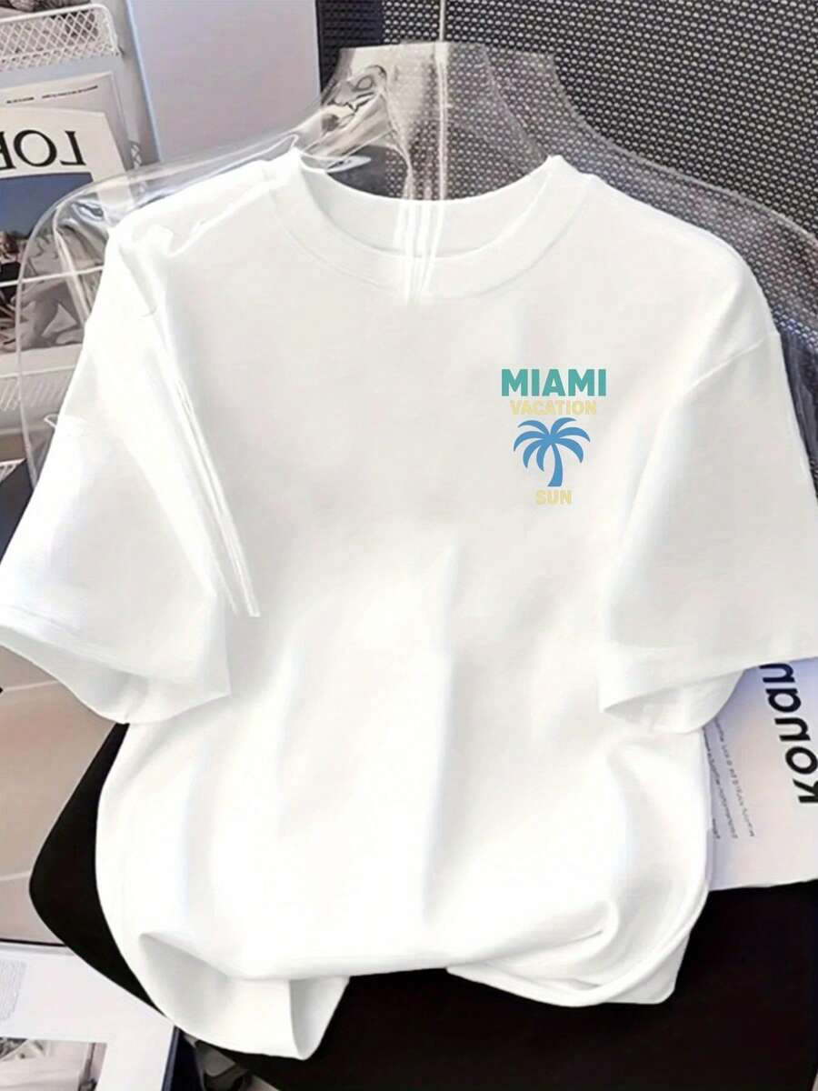 Camiseta de cuello redondo de manga corta casual de las mujeres - Miami Vacation Sun y Palm Tree patrón de impresión, blanco con tecla amarilla fuente, ajuste suelto, lavable en máquina, primavera verano de la playa desgaste, ropa de viaje, camiseta impresa duradera