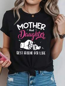 Camiseta de impresión de la carta del mejor amigo de la madre-hija, cuello de la tripulación de manga corta Top casual para el verano y la primavera, ropa de mujer - Negro - Ver 2