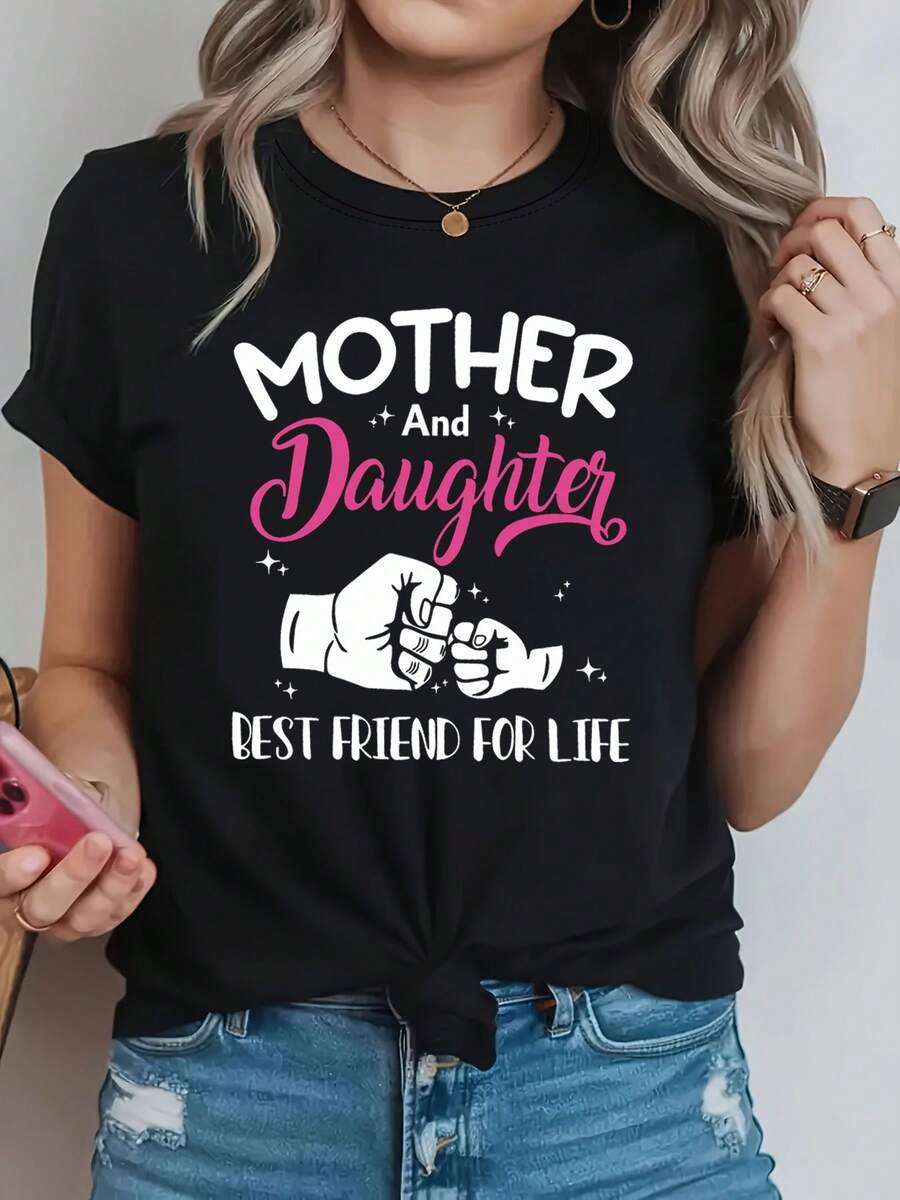 Camiseta de impresión de la carta del mejor amigo de la madre-hija, cuello de la tripulación de manga corta Top casual para el verano y la primavera, ropa de mujer