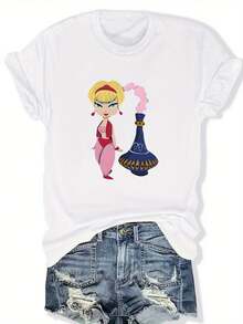 Camiseta casual de mujer con dibujos animados y diseño de lámpara mágica | Violeta vibrante, manga corta, cuello redondo, ligero, perfecto para primavera y verano - Blanco - Ver 2