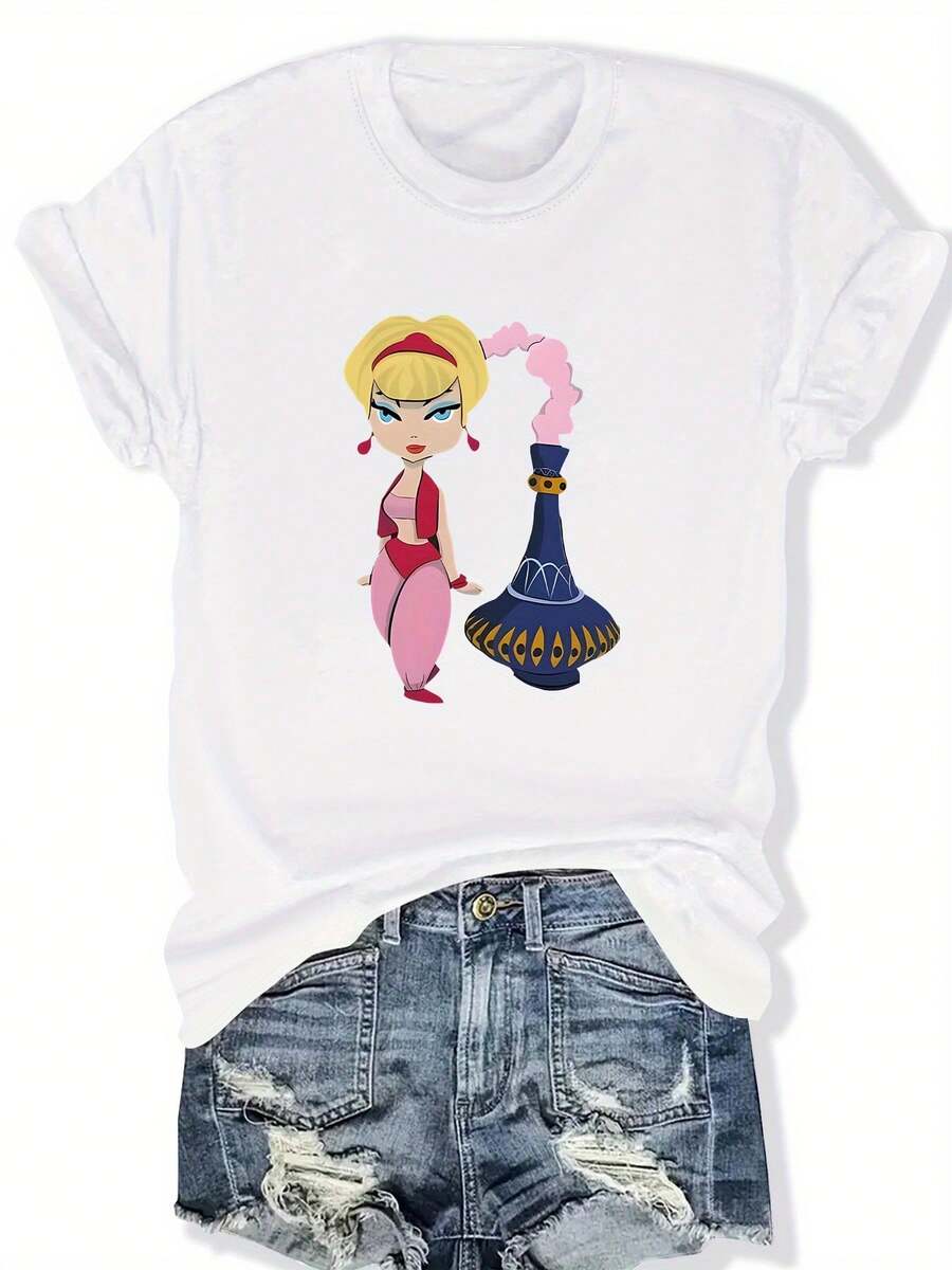 Camiseta casual de mujer con dibujos animados y diseño de lámpara mágica | Violeta vibrante, manga corta, cuello redondo, ligero, perfecto para primavera y verano