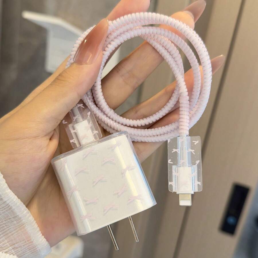 4个粉色蝴蝶结充电器保护套，适用于苹果18W/20W快充线，少女ins风 - 彩色 - 查看 1