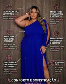 Vestido Longo Feminino Plus Size Manga Única Com Fenda e Cinto Delicado - Azul Royal - Visão 3