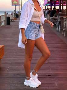 Shorts de Mezclilla de Verano para Mujer, Nuevos Shorts de Mezclilla Elásticos con Dobladillo Enrollado a la Moda para Damas - Lavado ligero - Ver 2