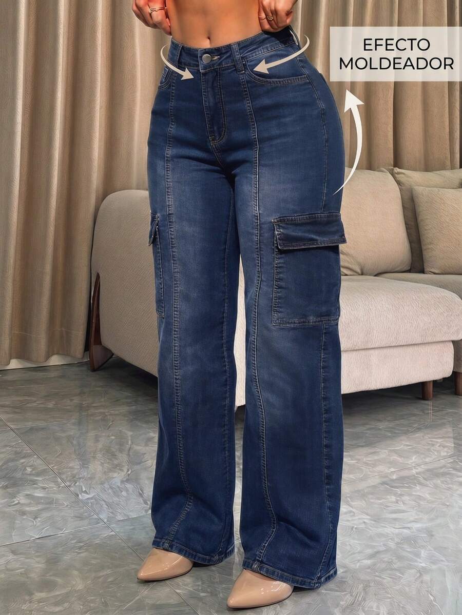 Pantalón Cargo Mezclilla Stretch Para Mujer Corte Wide Leg - Azul lavado oscuro - Ver 1