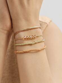 4pcs CCB Rice Bead Bracelet, Minimalist Fashion Personalized Beach Style Accessories For Women (Mixed Rice Beads, Unspecified) - Khaki - View 7