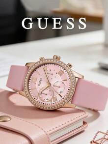 Guess Women's Multifunction Watch Pink Rose Gold Crystal Bezel Roman Numeral Dial Chronograph Ladies Fashion Watch Pink Silicone Strap Cute Feminine Wristwatch for Daily Wear Brunch Date Outdoor Travel Gift for Girlfriend Daughter Sweet Pink Aesthetic Watch - 粉色 - 查看 4