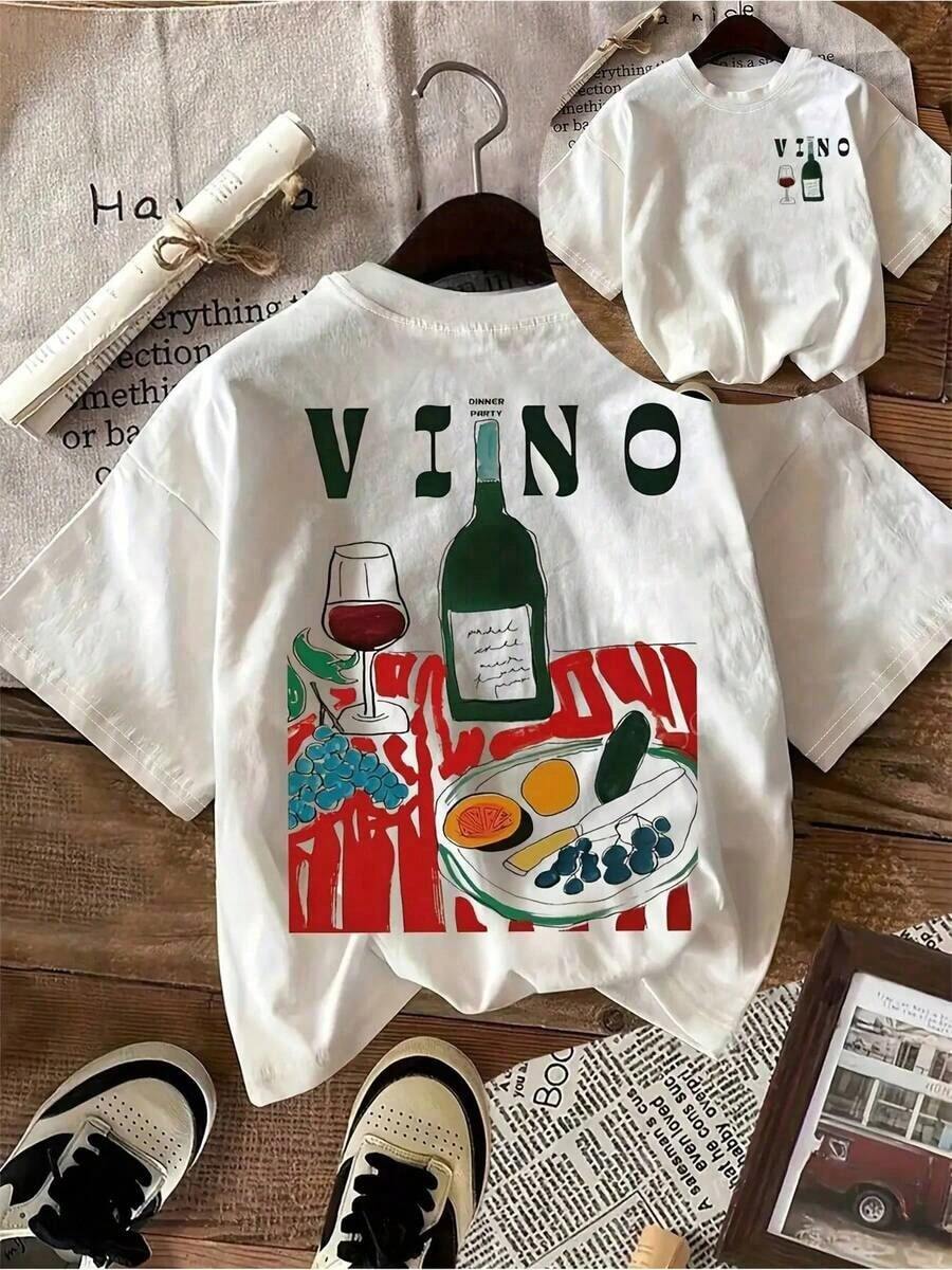 Camiseta de manga corta con cuello redondo y estampado de frutas y vino, camisetas gráficas unisex, camiseta casual unisex, 100% algodón. - Blanco - Ver 1