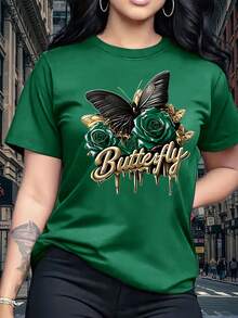 Elegant And Sophisticated Casual Short-Sleeved T-Shirt With Round Neck And Gold Butterfly Letter Print, Women's Clothing For Spring And Summer, Suitable For Outdoor And Indoor Use, Birthday Gift, Holiday Gift, Gift For Friends, Gift For Sisters, Women's Clothing Gift. - 彩色 - 查看 2