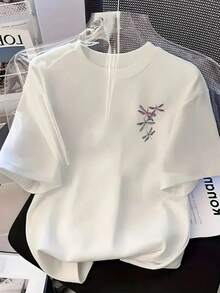 Women's White Cotton T-Shirt With Floral And Cartoon Letter Print, Round Neck, Casual Top, Breathable, Machine Washable, Suitable For Summer Parties And Daily Wear. Local Community Store In Stock. Quick-Drying, Soft, Comfortable Cotton. Enjoy A Discount. Suitable For Easter, Halloween, Thanksgiving, Etc. - 白色 - 查看 1