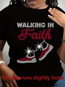 Women's Casual Short-Sleeve Crew Neck T-Shirt With 'Walk In Faith' Appliqué, Made From Medium-Stretch Fabric, Suitable For All Seasons - 黑色 - 查看 1