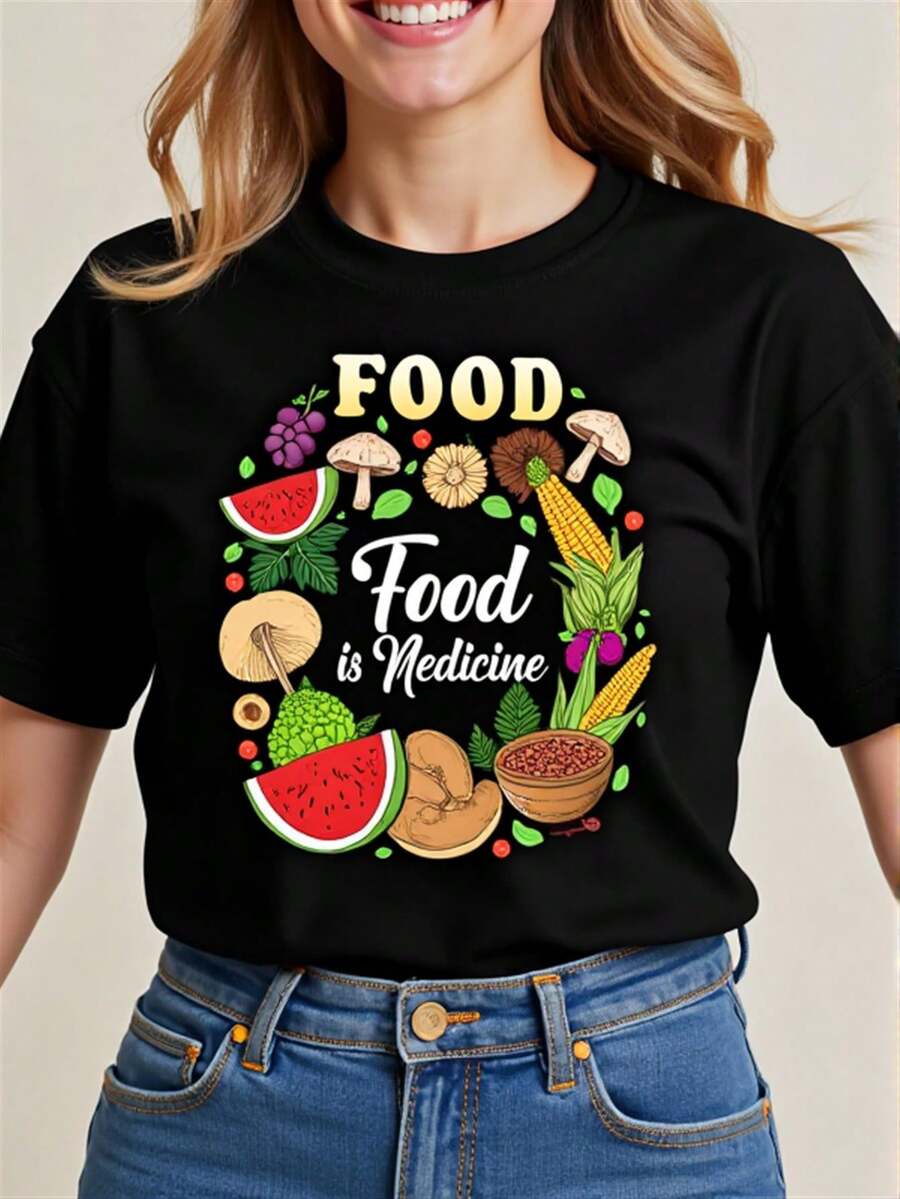 Camiseta de comida es medicina para mujeres - impresión nutricional con frutas / verduras adecuadas para verano y primavera, cuello de la tripulación casual, uso cómodo de estiramiento medio para gimnasios, clínicas y eventos de estilo de vida saludable (lavable a mano)