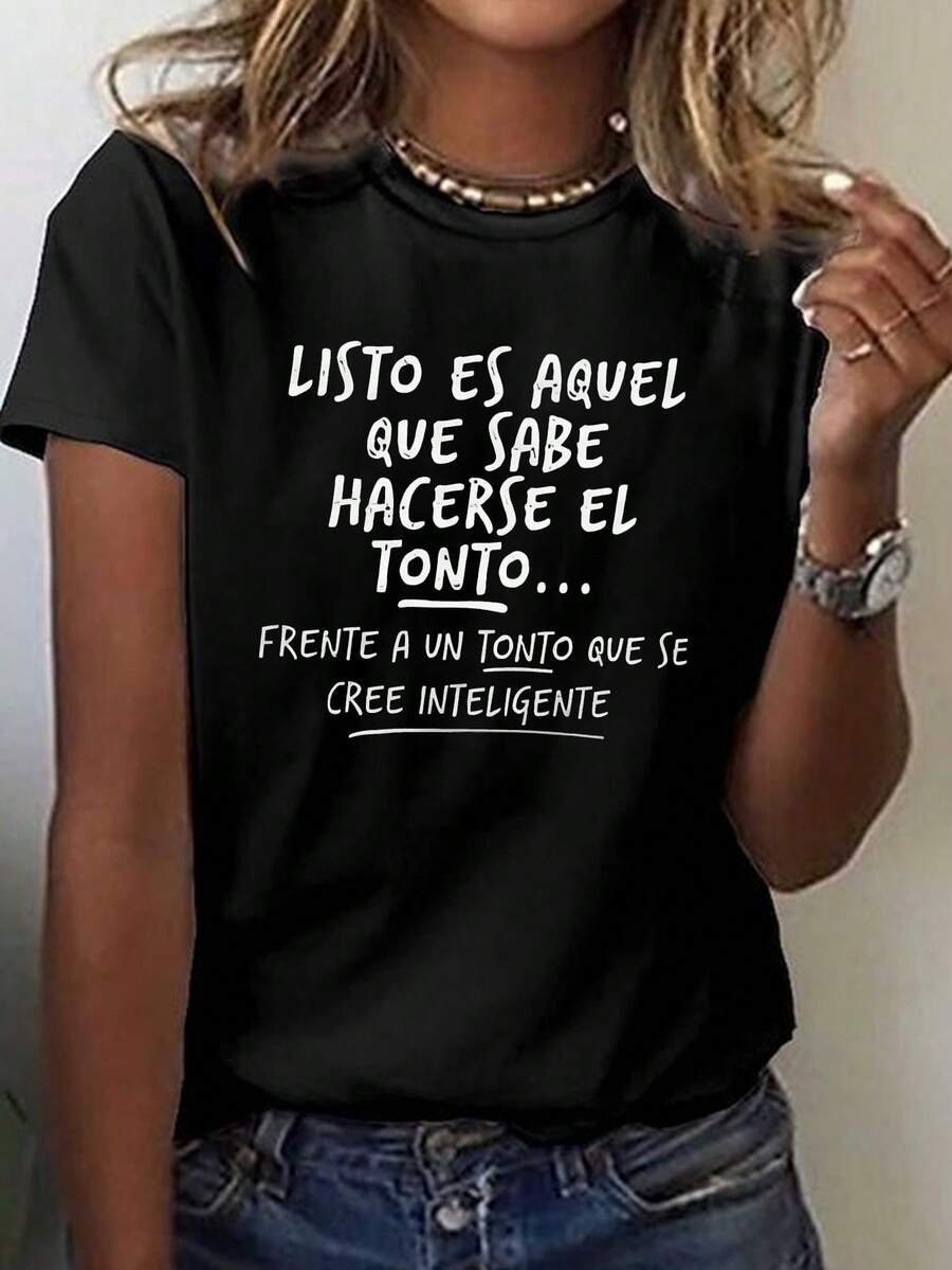 Divertido español gráfico tee, manga corta cuello de la tripulación top casual para el verano y la primavera, ropa de mujer
